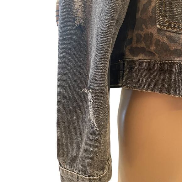 POL Denim JACKET Womens L Black Distressed Long Sleeves Animal Print Patchwork - Picture 5 of 14